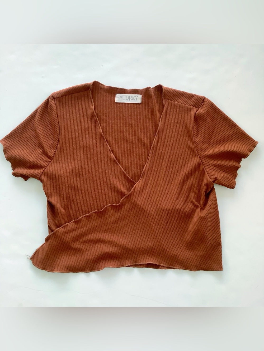 audrey Ribbed Wrap Crop Top in Rust Brown